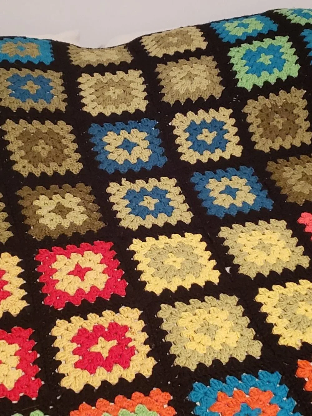 Vintage Granny Square Afghan Black Rainbow Crochet Blanket 56x90 Handmade Throw
